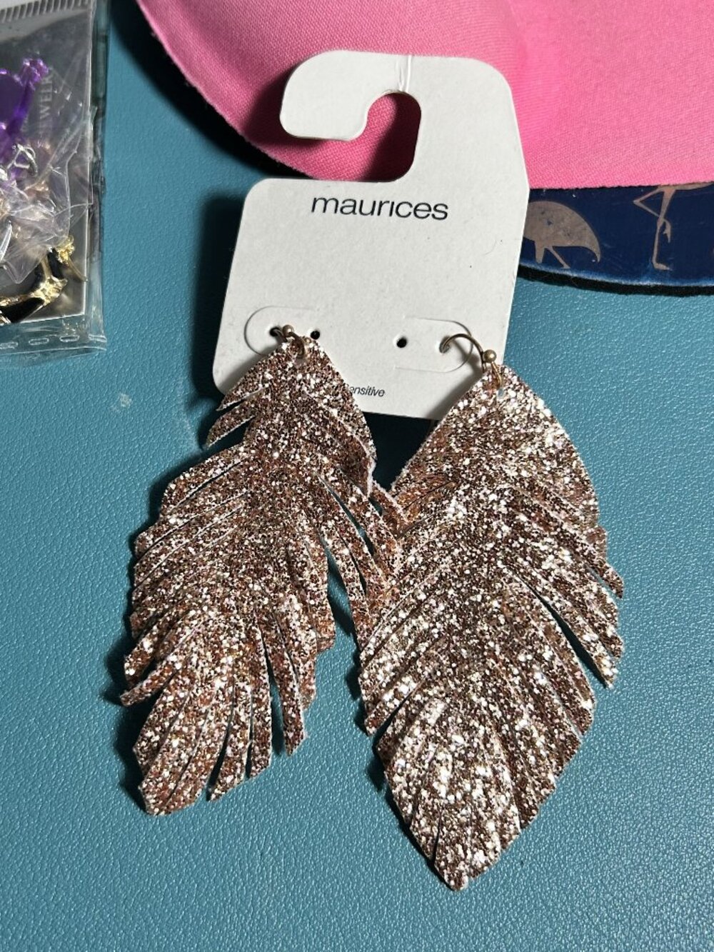 Maurices Rose Gold Glitter Faux Leather Feather Dangle Earrings NWT
